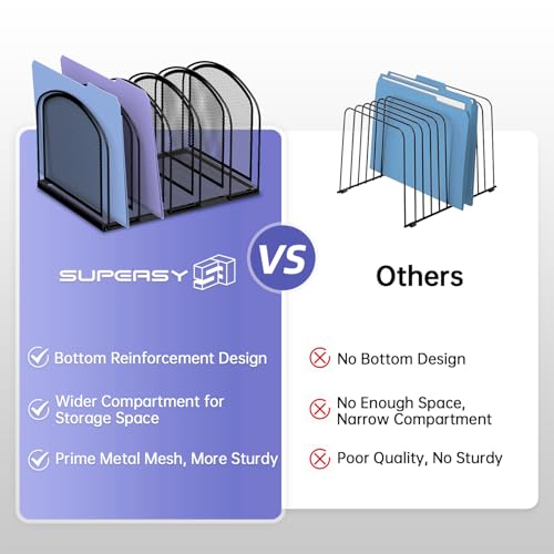SUPEASY File Organizer for Desk, 5-Section Mesh Desk Organizer, Vertical File Holder Desktop Organizer File Sorter, File Folder Holder for Office Supplies, Black