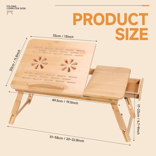 Adjustable Bamboo Laptop Desk with Cooling Fan, Foldable Bed Tray for Work & Dining