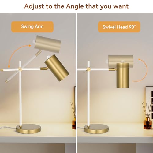 Modern White and Gold Desk Lamp, Minimalist Industrial Table Lamp with Swing Arm, for Study Room Home Office Bedroom Bedside Nightstand