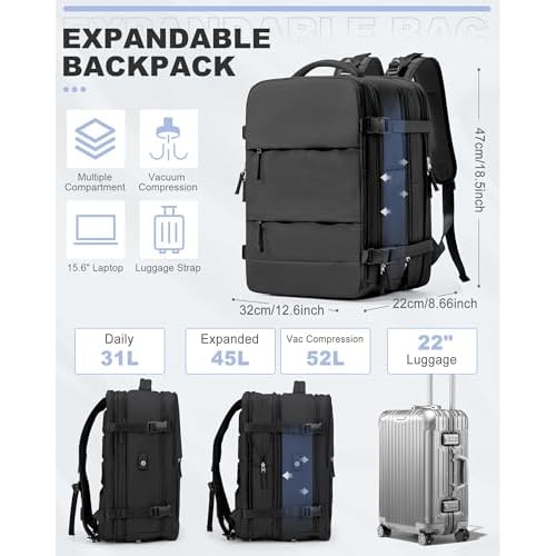 Black Vacuum Seal Travel Backpack Expandable Air Vacpack Backpacks with Air Pump Seal Air Packing Vacuum System Personal Item Carry On Travel Bag Seal Compression Bags Large Laptop Backpack