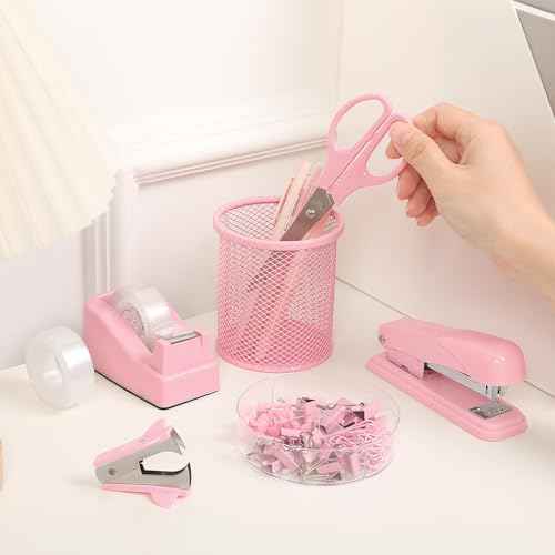 SKYDUE Pink Office Desk Accessories, Pink Office Supplies, Stapler, Tape Dispenser, Scissors, Clips and 1000pcs Staples,Office Supplies for Desk for Women