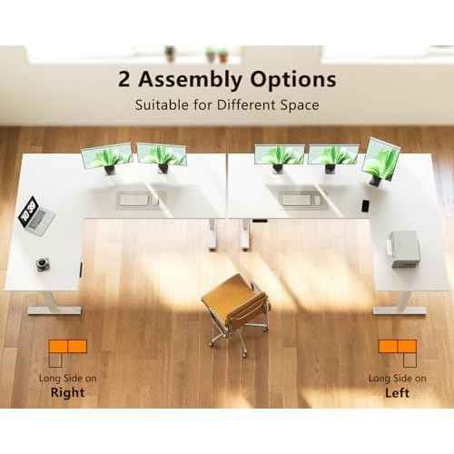 Casaottima 63 Inch Reversible Electric L Shaped Standing Desk, Height Adjustable Corner Stand up Desk, Ergonomic Large Lift Table for Home, Office, Workstation, White