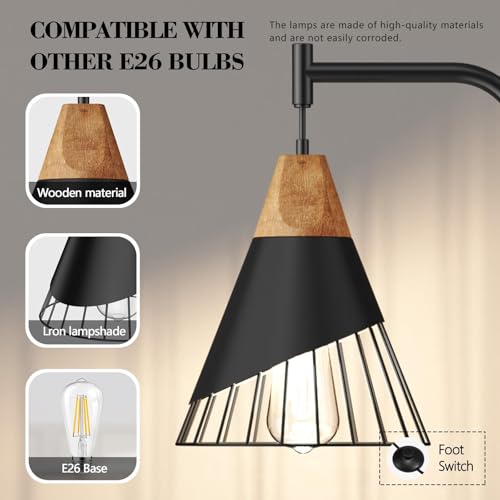 67" Industrial Floor Lamp with Wood & Black Metal Shade, Modern Standing Lamp, Rustic Farmhouse Tall Lamp for Living Room Bedroom Office, 2700K Bulb & Foot Switch Included (Black)