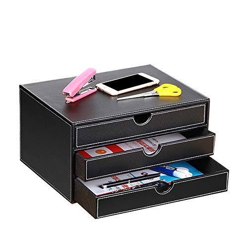 Ayunga Leather Desk Organizer with 3 Drawers, Executive Office Supplies Desktop Filing A4 File Cabinet/Holder,Stackable Storage Box for Jewelry/Bill/Documents/Makeup Home Decor Accessories(Black)