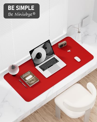 Niniubye Bright Red 23.6 x 13.8 Inch PU Leather Desk Pad Non-Slip Waterproof Mouse Mat for Office & Gaming