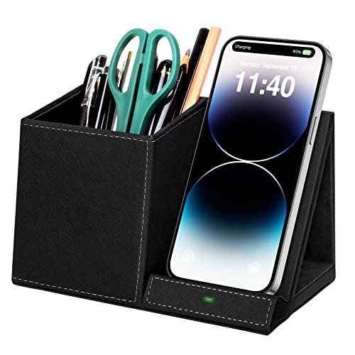 Pen Holder with Wireless Charger, Compatible with iPhone 17/16/15/14/13/12/11/8 Series, Pencil Holder Phone Stand for Desk Home Office, Men Gift Husband Wife Anniversary Dad Birthday Idea Gadget