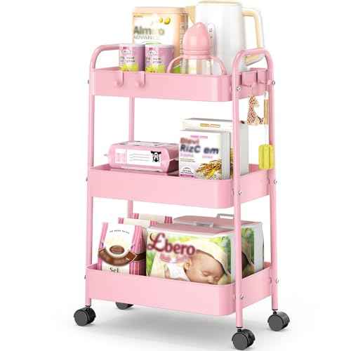 TOOLF Metal Utility Cart£¬3 Tier Rolling Cart wth 4 Hooks Storage Cart on Wheels Craft Cart with Handle for Organizer Storage for Classroom Office Dorm Home Pink
