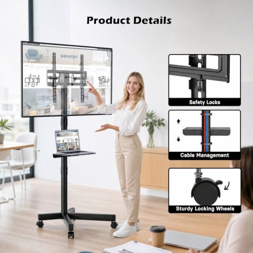 BONTEC Black Rolling TV Stand for 23-65 Inch TVs with Tilt & Lockable Wheels