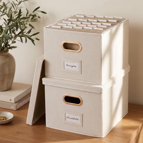 Ivory Linen File Organizer Box Set of 2 - Collapsible, Portable & Stylish Storage