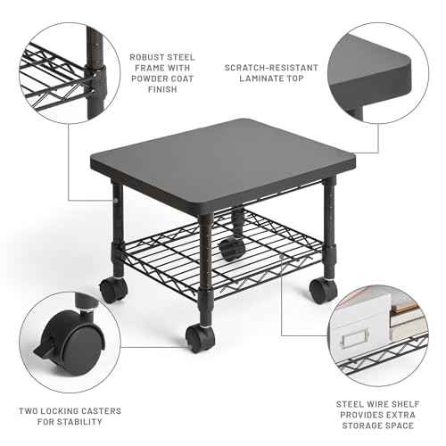 Safco Onyx Rolling Cart Printer Stand, Under-Desk Mobile Utility Table for Home Office with Steel Shelf, Black