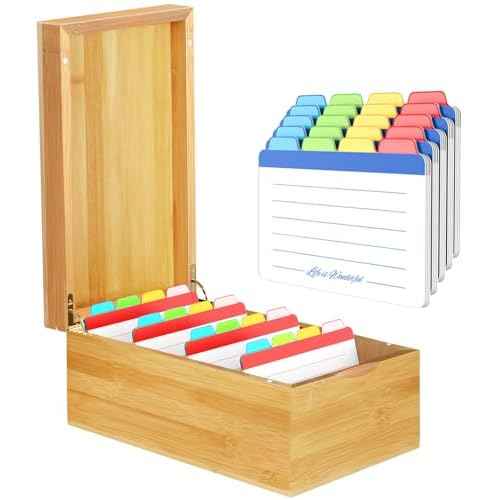 Neando Bamboo Recipe Card Organizer for 4x6 Cards ? Wooden Index Card Storage Box with Lid, 4 Compartments, 600-Card Capacity, Includes 20 Tabbed Guides ? Natural Kitchen Filing System