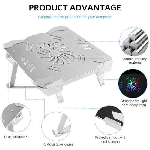 Laptop Cooler LED Light Laptop Stand with fan2 USB Ports, for 14-17inch laptops, Height StandErgonomically Gaming Laptop Cooling pad £¬Silver-3