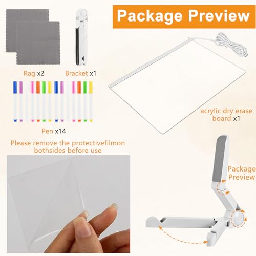 Led Note Board with Colors, 11.8 X 7.9¡± Acrylic Dry Erase Board with Light, Light Up Dry Erase Board with Adjustable Stand, Led Board White Board with 14 Pen for Office School Home