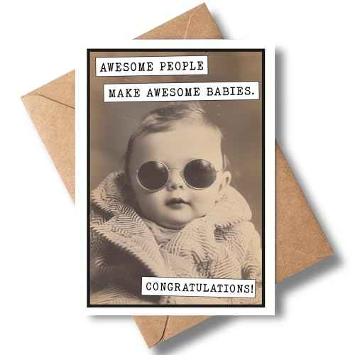 Katie Doodle - Funny Baby Shower Card (Handmade in USA) - Baby Shower Cards for Boy or Girl - Includes: 1 x 5x7 inch Congratulations Card (Awesome Babies) & 1 x Envelope (Peel & Seal)