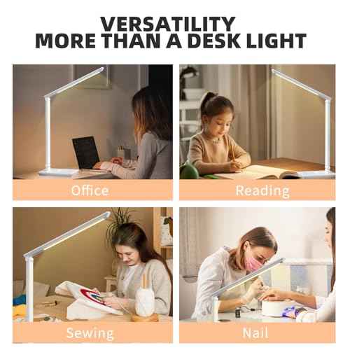 Desk Lamp with USB Charging Port, 14W 900LM Dimmable Eye-Caring Reading LED Desk Light for 9 Brightness Slide Touch & 5 Color Temperature Modes, Home Office Desktop Lamp, Small Study Lamp, White