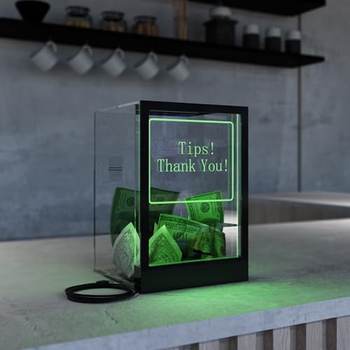 HEMYLU Suggestion Box with Remote Control - Lockable Tip Jar LED Light & Sign Holders