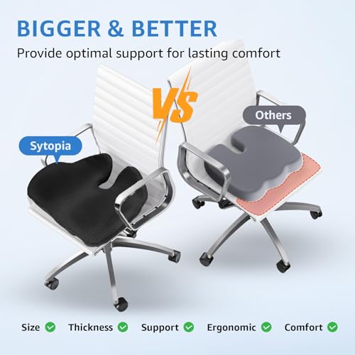 Sytopia Office Chair Cushion, Ergonomic Memory Foam Seat Cushions for Chair, Pain Relief for Tailbone, Back, Sciatica & Hip, Booster Pad for Sitting & Driving, Removable Washable Cover,19" x 17",Black