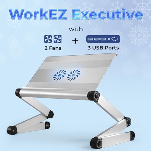 WorkEZ Executive Laptop Cooling Stand, Adjustable Desk for Bed, Foldable with 2 Fans & 3 USB Ports, Computer Lap Desk, PC Holder for Bed, Ergonomic Table Stand, Home Office Supplies, Silver