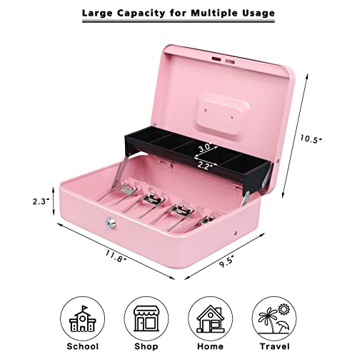 Pink Key Lock Cash Box with Secure Metal Storage for Coins & Bills