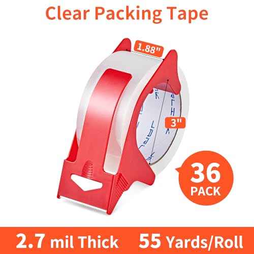 JARLINK 36 Rolls Clear Packing Tape with 2 Dispensers, Heavy Duty Packaging Tape Refills for Shipping Packaging Mailing, 2.7mil Thick, 1.88 inches Wide, 55 Yards Per Roll, 1980 Total Yards