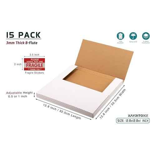 Vinyl Record Mailers, 12.8"L x 12.8"W x 1"D Corrugated Cardboard Album Shipping Boxes for Mailing Packaging Moving Storage, with Fragile Stickers, White, 15 Pack