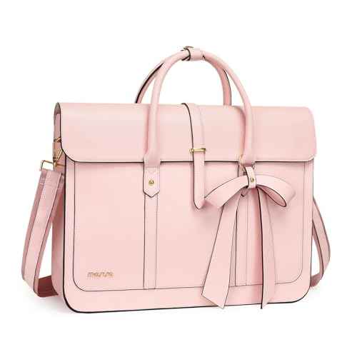 MOSISO Laptop Bag for Women, 15-15.6 inch PU Leather Laptop Shoulder Bags Convertible Backpack, 16 inch Messenger Bags Casual Handbag Work Briefcase Travel Computer Bag with Bowknot, Pink