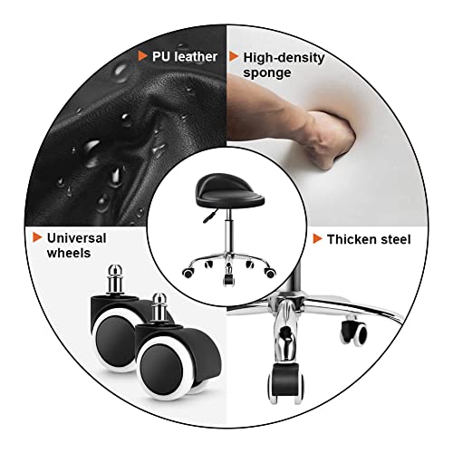 KKTONER Black PU Leather Adjustable Swivel Rolling Stool with Back Rest
