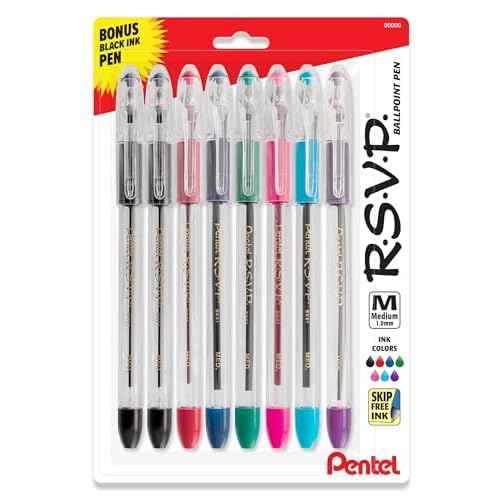 Pentel RSVP Original Ballpoint Pen, (1.0mm) Medium Line, Assorted Ink Colors, Clear Barrel, 8 Pack with Bonus Black Ink Pen