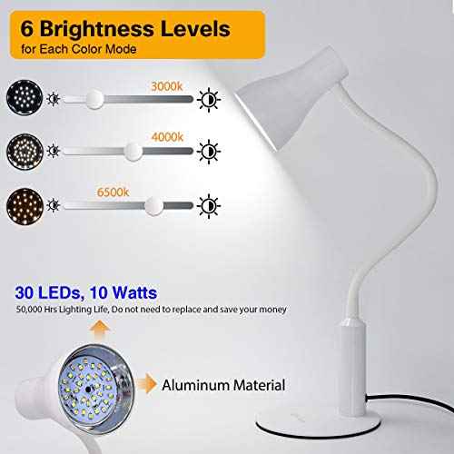 LED Desk Lamp, 3 Lighting Modes and 6 Brightness Levels, 10W Flexible Gooseneck Table Lamp for Living Room and Study, Remote Control with Timing Function, AC Adapter Included (White)