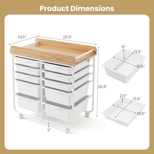LDAILY White 10-Drawer Rolling Cart with Wooden Top – Lockable Wheels, Dual-Size Drawers
