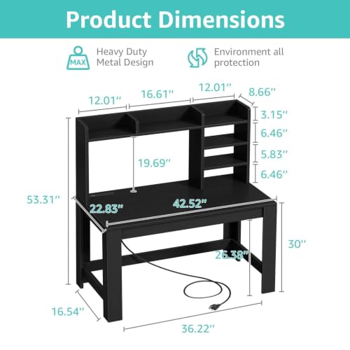 43in Black Gaming Desk with Hutch, Built-In Power Outlet & USB Ports