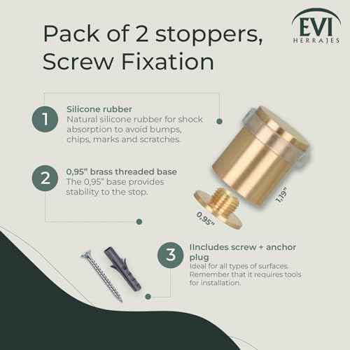 EVI Door Stops | Brass Door Stopper - Screw Fastening - Transparent Rubber Protector - 0.95 x 1.19 Inch Door Stop