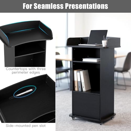 Baoz Podium Stand Portable with Wheels - Black Lectern with 3-Tier Storage, Lockable Cabinet