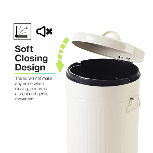 White Trash Can with Lid, Bathroom Bedroom Waste Basket Soft Close, Small White Garbage Can, Retro Vintage Home Office Trash Can, 12 Liter/3 Gallon, Glossy Cream White