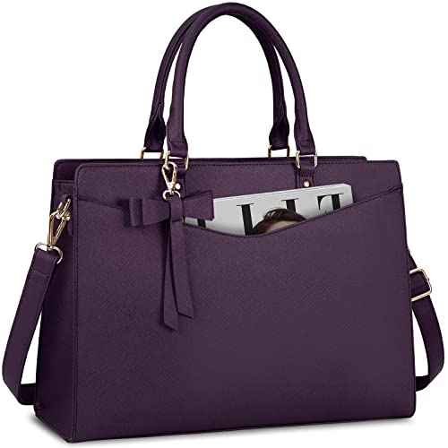 RAINSMORE Laptop Bag for Women 15.6 Inch PU Tote Bag Business Work Bag Waterproof Briefcase Computer Tote Lightweight Handbag Shoulder, Dark Purple