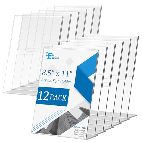 EHWINE 12 Pack Acrylic Sign Holder 8.5 x 11, L Shape Clear Plastic Display Stand, Slanted Back Picture Frame Menu Flyer Paper Display Stand up Table Top Sign Holders for Restaurant, Office and School