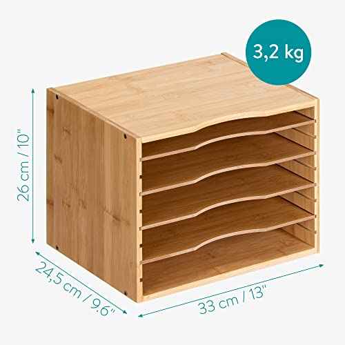 Navaris Bamboo Desk File Organizer - Paper Tray Letter Storage with 4 Adjustable Shelves - Desktop Inbox Trays - 13" Wide x 9.6" Deep x 10.2" High