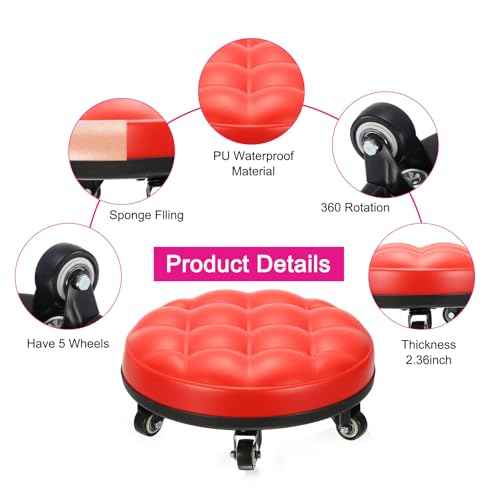 PATIKIL Low Roller Seat Wheel Stool Chair PU Leather Short Low Rolling Stool with Universal Wheel for Home Office Fitness (Red), 5.1" Height