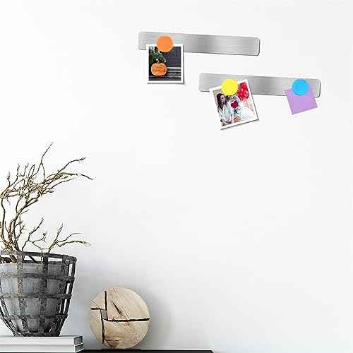 Magnetic Bulletin Strips 5PCS Self Adhesive Frameless Stainless Iron Bulletin Board Bar with 10 Magnetic Buttons for Memo Photo Notes Office School Home