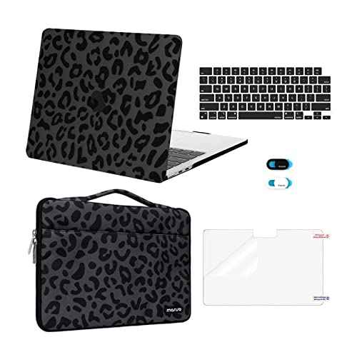 MOSISO Compatible with MacBook Air 13 inch Case 2025 2024 2023 2022 M4 A3240 M3 A3113 M2 A2681, Plastic Leopard Grain Hard Shell&Carrying Sleeve Bag&Keyboard Cover&Webcam Cover&Screen Protector, Black
