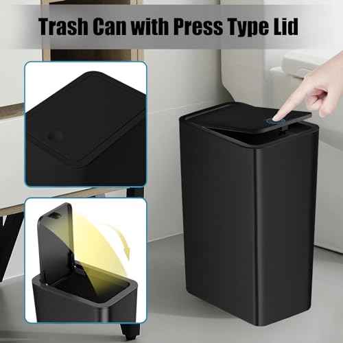 TIPGO Bathroom Trash Can with Lid, 10 Liter/ 2.6 Gallon Slim Garbage Can, Small Trash Bin Waste Basket with Pop-Up Lid for Kitchen, Bedroom, Living Room, Office (Black)