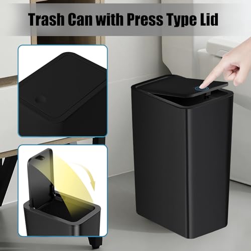 TIPGO 1 Pack Black Small Trash Can with Lid - 10L Slim Waste Basket for Kitchen, Bedroom, Office