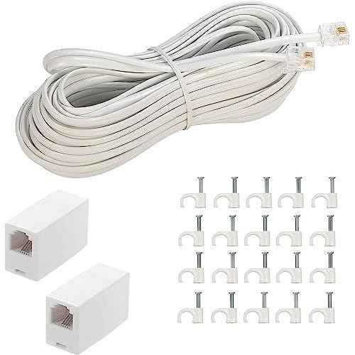 LanSenSu Phone Extension Cord 50 Ft, Phone Cord Telephone Cable with Standard RJ11Plug and 2 in-Line Couplers and 20Cable Clip Holders, White (White, 50 Feet)