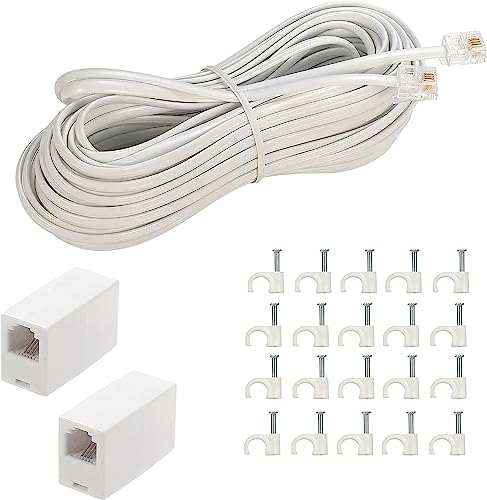 LanSenSu 50Ft White Phone Extension Cord with RJ11 Plug, 2 Inline Couplers & Cable Clips