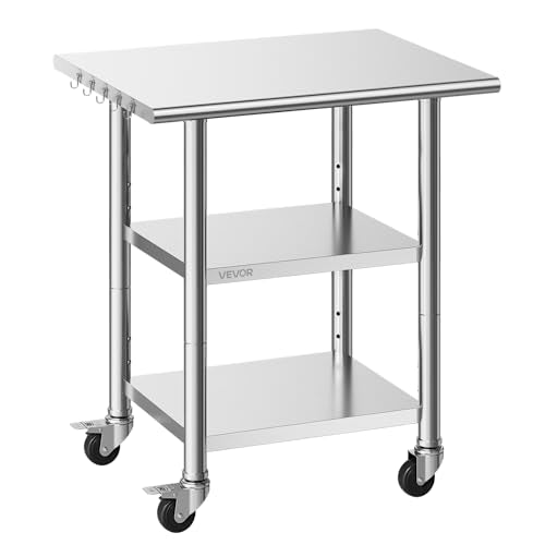 Stainless Steel Work Table 24x30 Inch with Shelves & Lockable Wheels for Commercial Kitchen