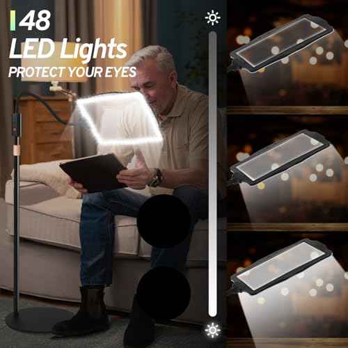 Hands-Free Floor Magnifying Glass with Light and Stand 48-LEDs Lighted Magnifying Lamp with 360¡Æ Flexible Gooseneck for Reading Close Work Repair Crafts
