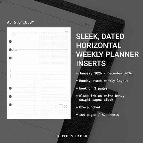 Cloth & Paper 2026 Dated Weekly Planner Inserts - Monday Start | A5 Size 5.8 x 8.3 Inches | Horizontal Weekly Layout, 215 | Minimal Agenda Refill | 6 Ring A5 Binder Planner Inserts