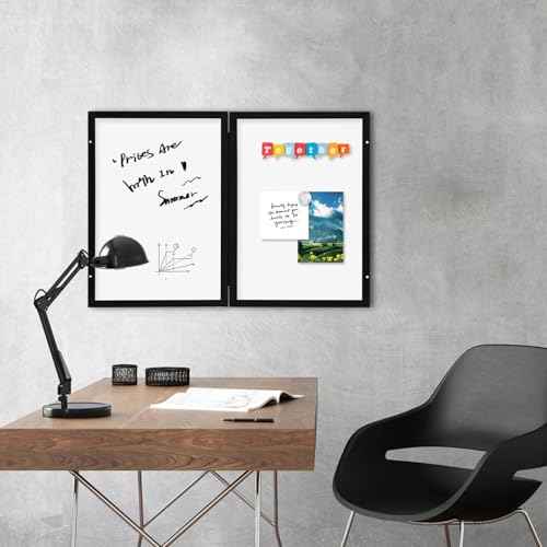 Black Frame Enclosed Whiteboard with Wooden Frame, Approx.16x11in Poster Frame and Functional Whiteboard for Office, Home(Poster Not Included)