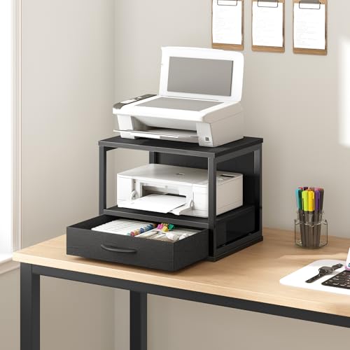 HOOBRO 2-Tier Desktop Printer Stand with Drawer, Under-Desk Printer Table with Storage Shelf, for Home Office, Kitchen, Fax Machine, Scanner, Black BB07PS01