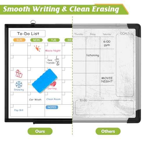 Dry Erase Calendar Whiteboard for Wall, 24" x 18" Magnetic Monthly White Board Calendar with Black Aluminum Frame, Double-Sided Hanging Dry Erase Board for Office, Home, School